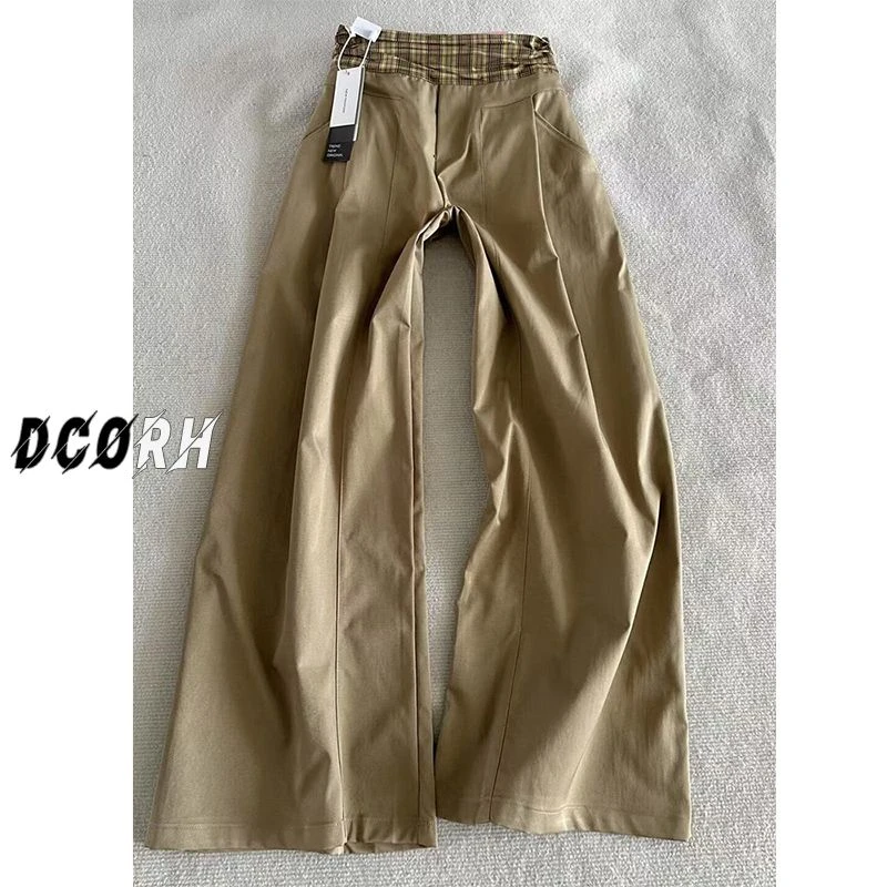 休闲裤女早春新款复古做旧格纹拼接设计胖mm梨形遮胯显瘦阔腿裤子