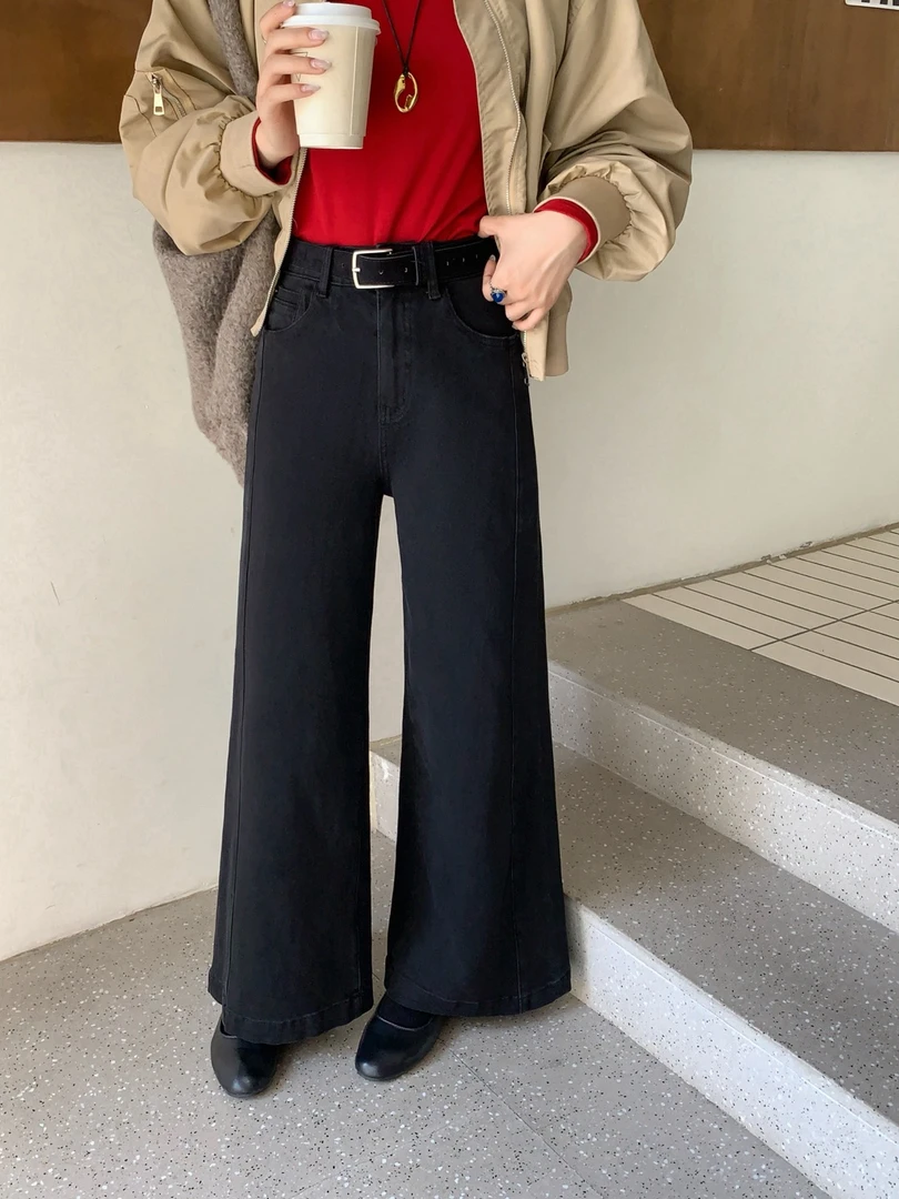 55663-1#CLY# 冬季新款 四面弹 韩版高腰直筒筒裤 显瘦牛仔裤女