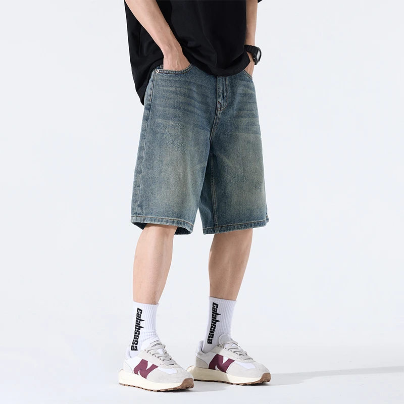 浅色牛仔短裤男潮牌宽松直筒五分裤潮流休闲百搭马裤男短裤牛仔