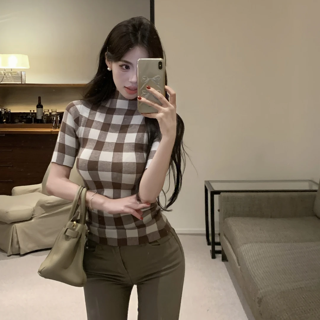 纯欲复古格子半高领针织短袖T恤新款修身显身材内搭慵懒风上衣