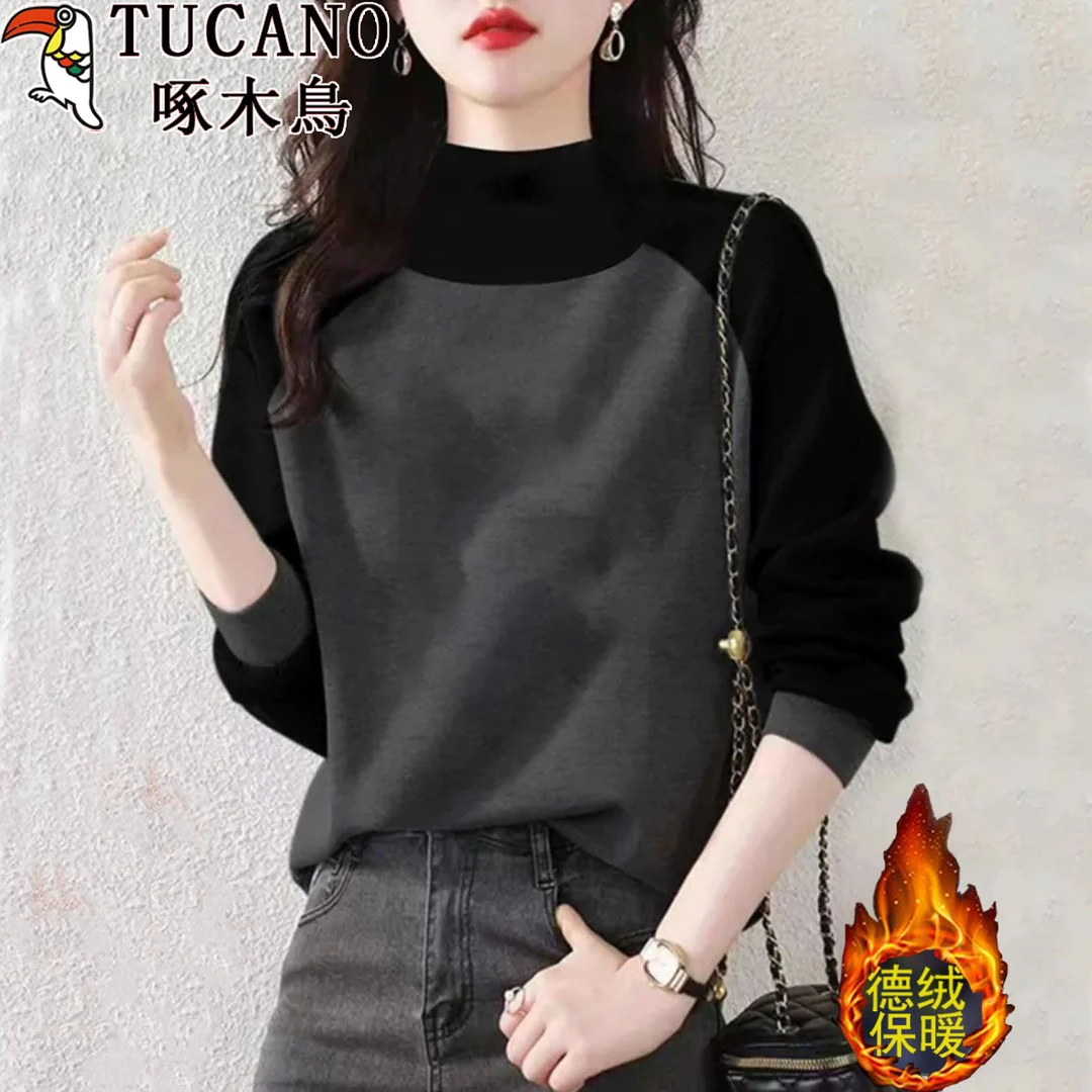 啄木鸟女装长袖t恤秋冬款洋气老钱风德绒打底衫半高领拼接上衣服