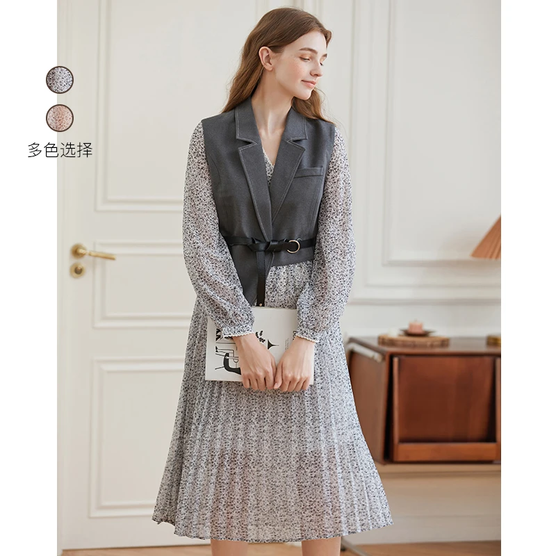 女士优雅套装裙碎花连衣裙西装马甲两件套F225EA006