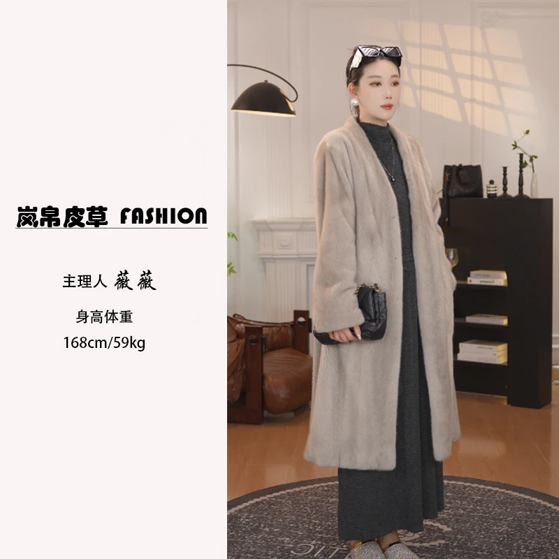 【岚帛】新款进口紫标天鹅绒整貂皮大衣女长款V领水貂皮草气质年轻