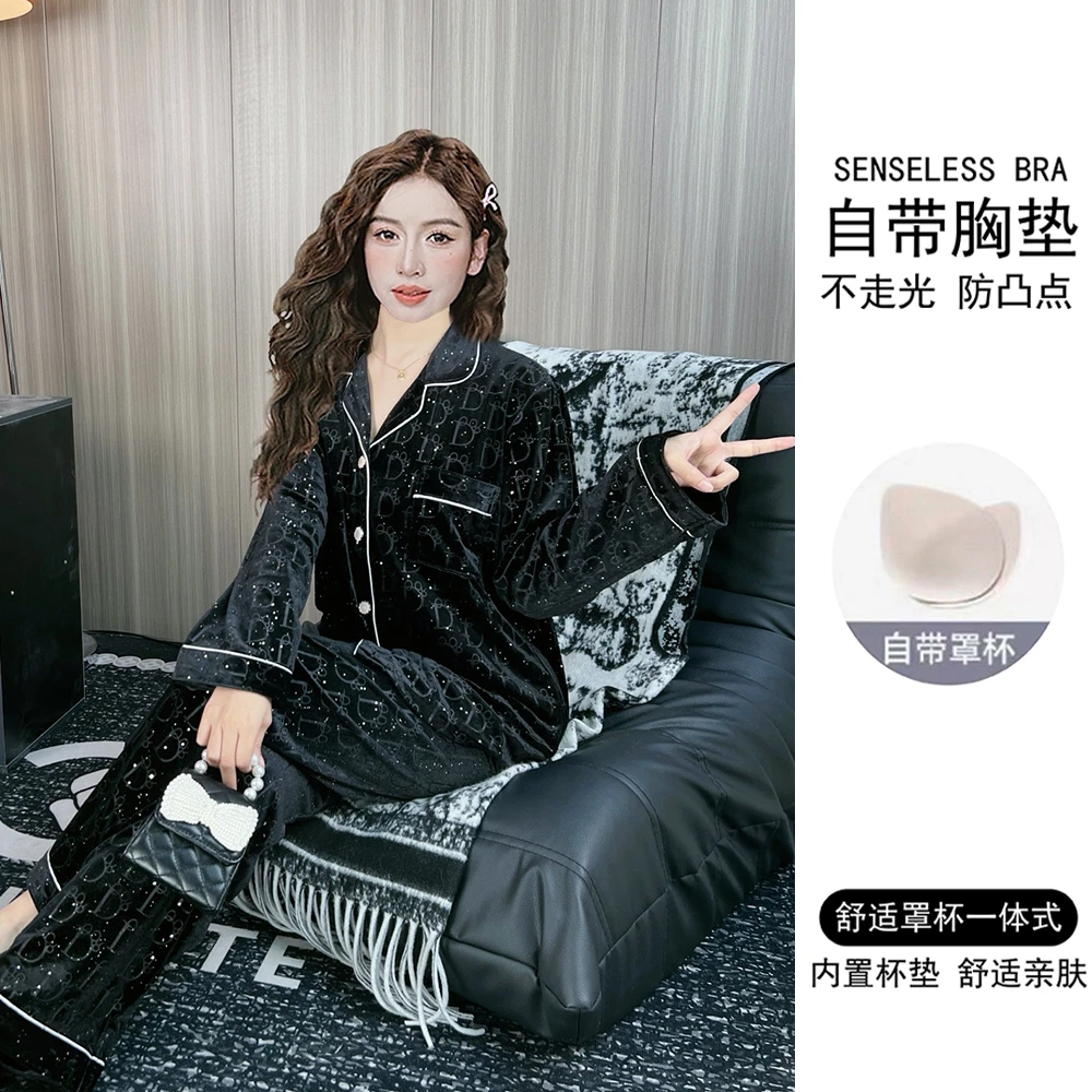 小香风金丝绒睡衣女春秋季长袖套装2025年新款秋冬家居服