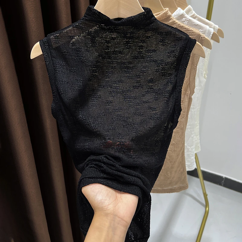 半高领黑色蕾丝打底衫女薄款内搭假领子镂空背心春秋新款无袖上衣