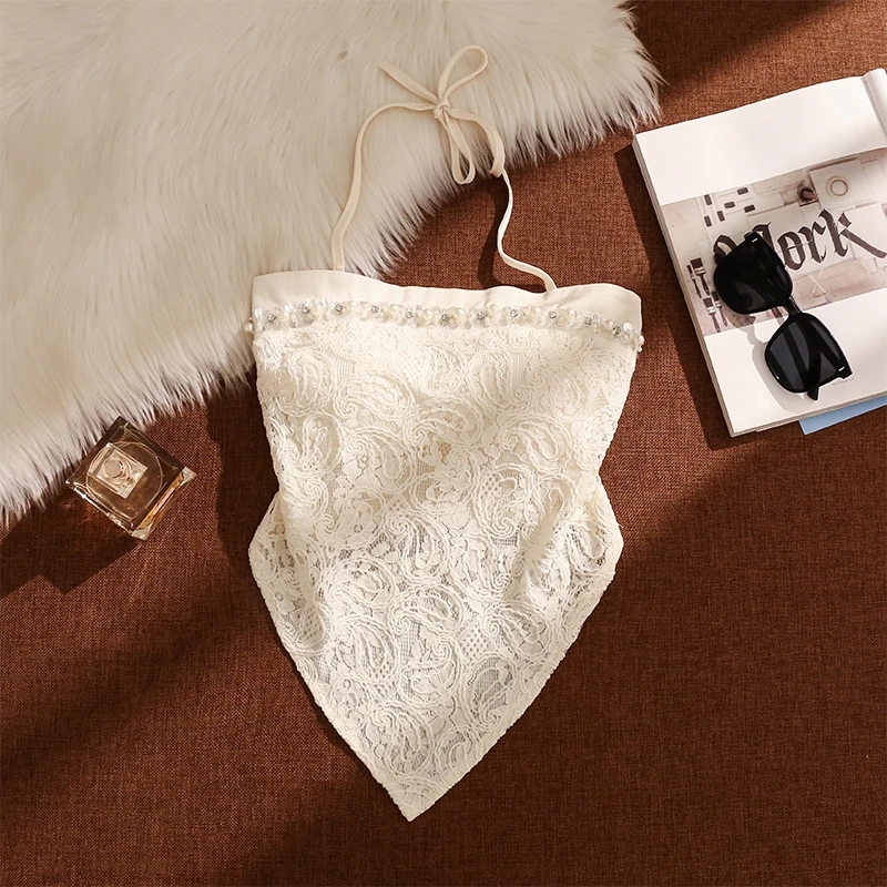 纯欲蕾丝钉珠挂脖吊带背心女夏外穿性感美背修身不规则无袖上衣