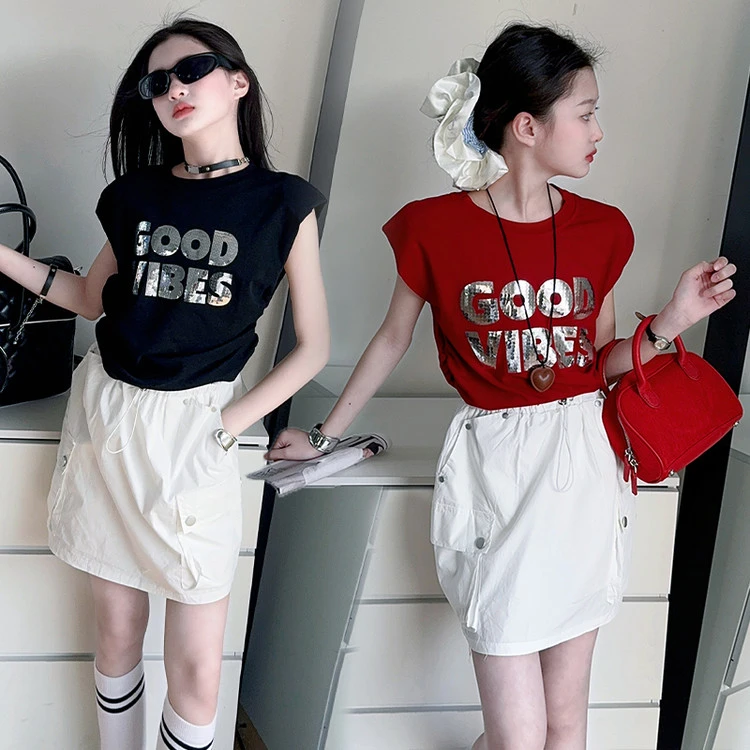 女童夏季新款儿童洋气设计感亮片短袖网红时尚工装裙辣妹风套装潮