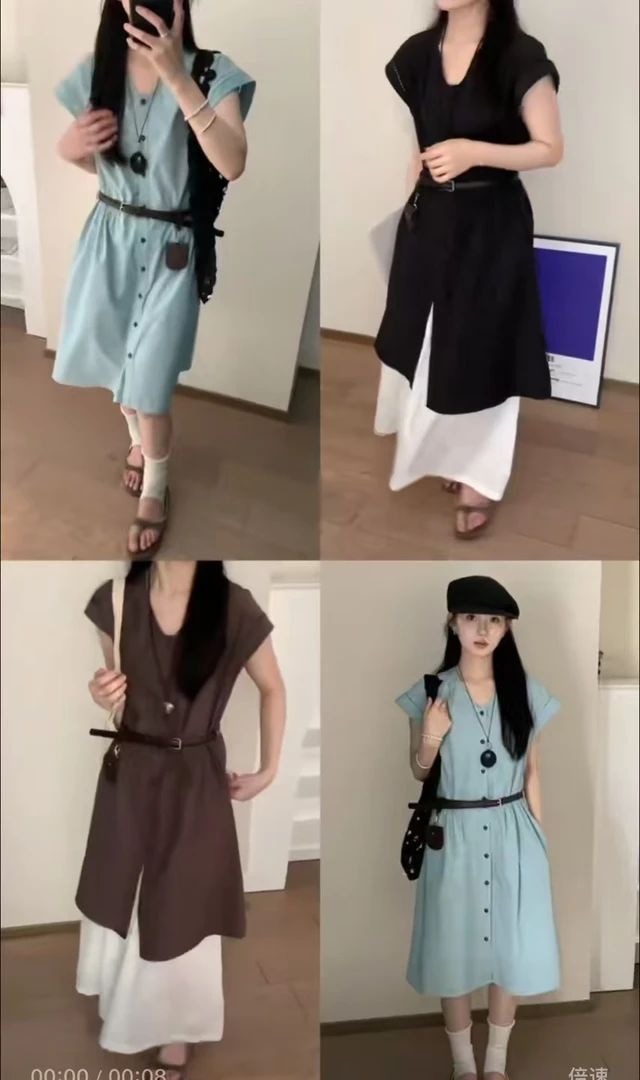 3212夏季新款法式设计感气质V领排扣收腰飞飞袖连衣裙女潮