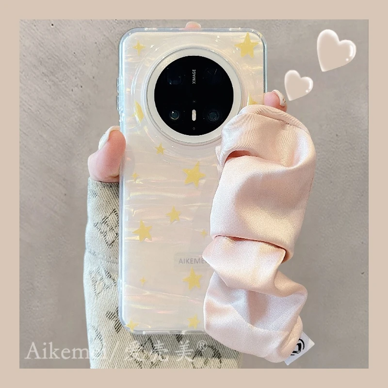 适用华为mate70pro+手机壳贝壳纹黄色星星Mate60pro+褶皱丝巾腕带