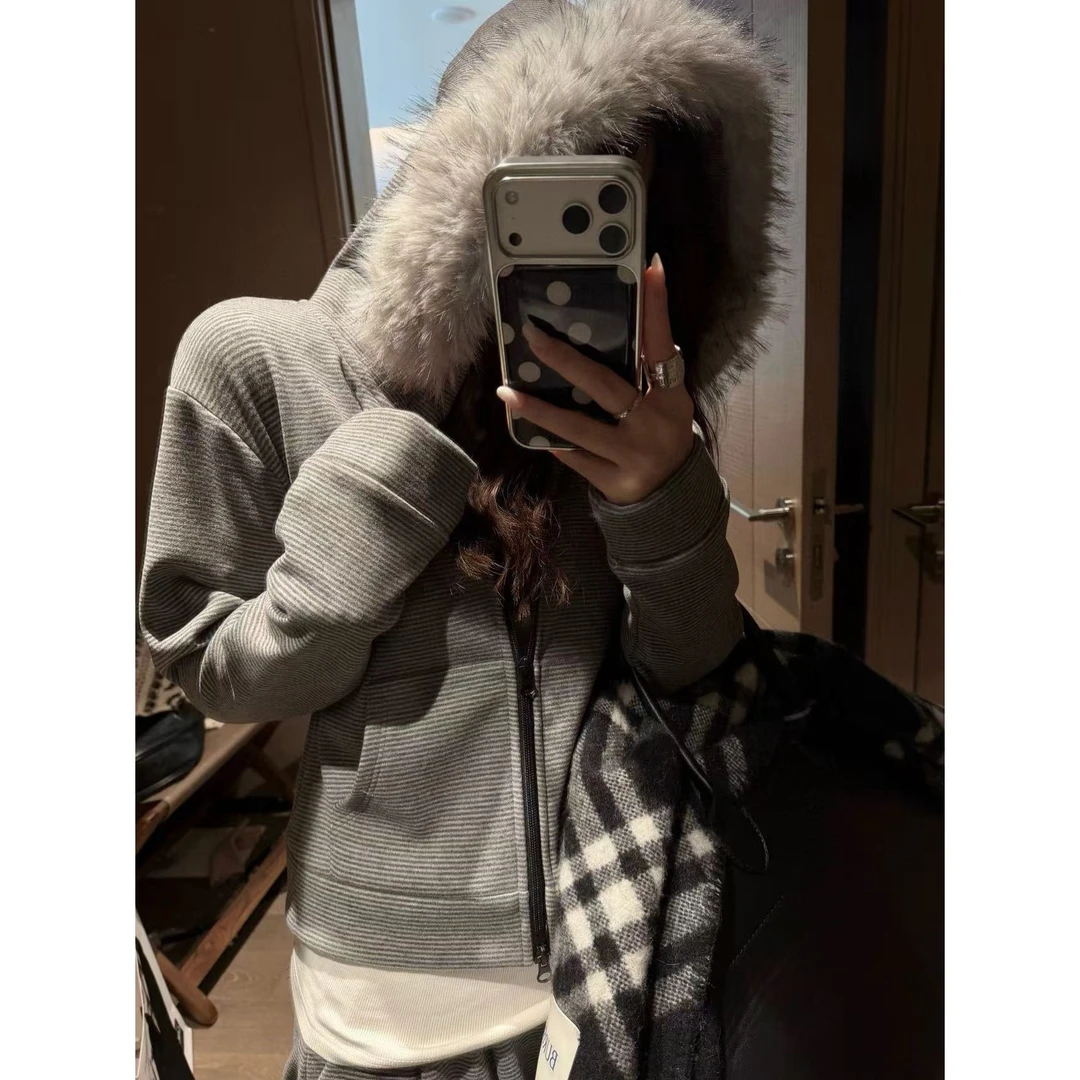 SP 毛领连帽条纹卫衣外套女秋冬韩系休闲拉链显瘦休闲外套上衣