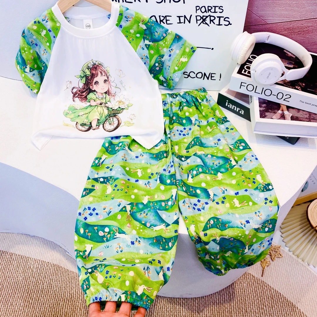 多鱼（A类绵绸）儿童圆领套装男女童夏防蚊山东人造棉家居外穿套装