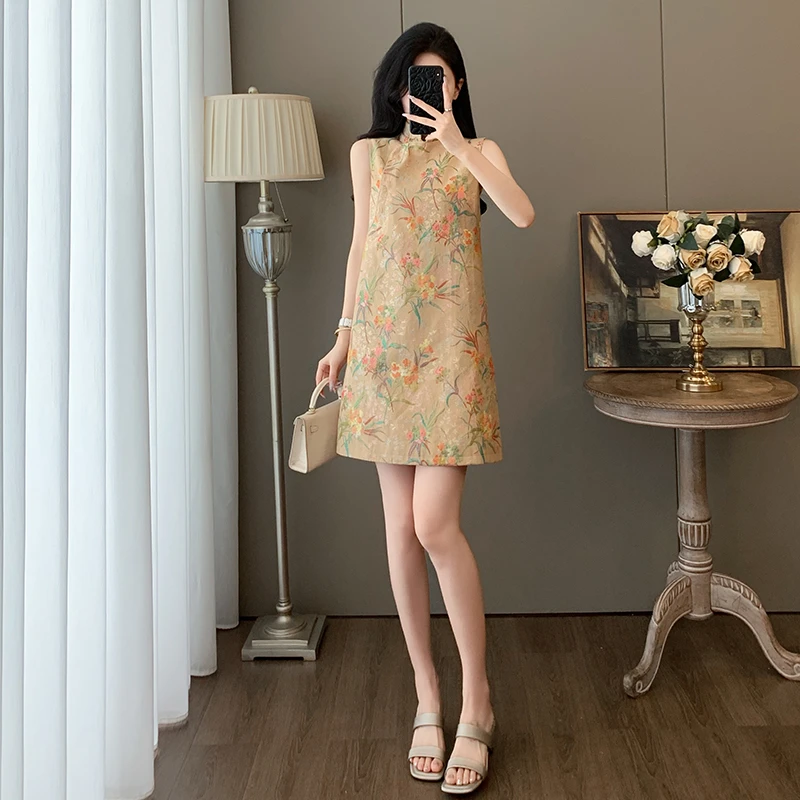 夏季时尚新中式无袖提花连衣裙女国风气质立领绝美宽松改良旗袍裙