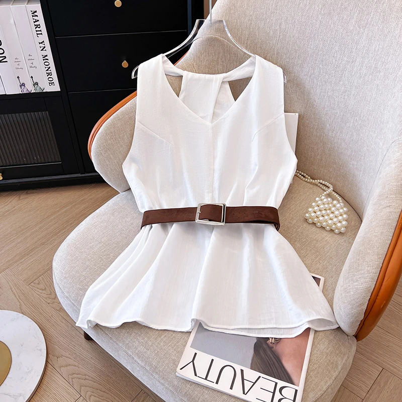 法式气质高级感衬衫女夏季无袖高贵露背洋气小衫设计感上衣配腰带