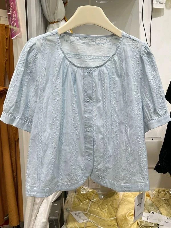 小清新圆领钩花短袖小衫690