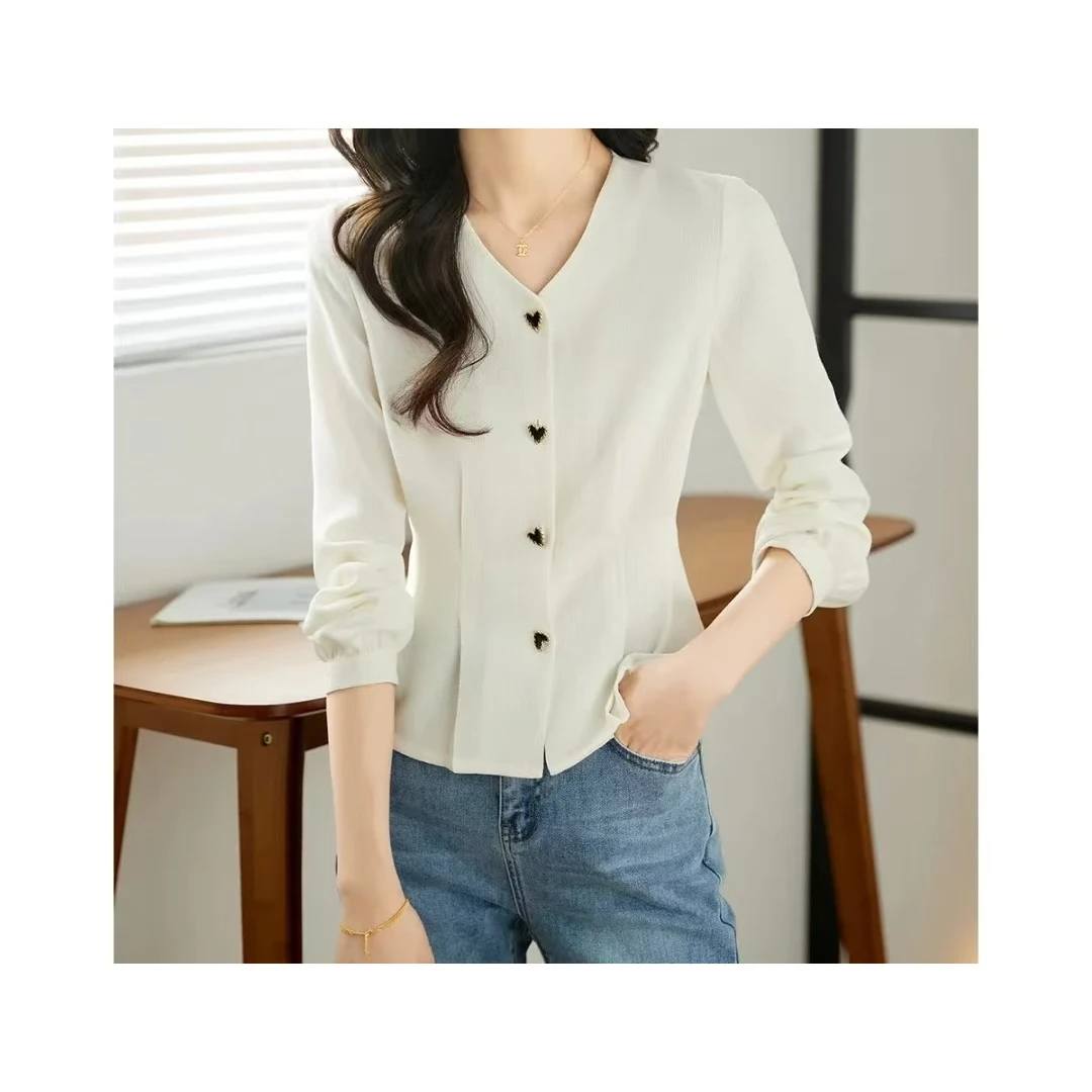 设计感衬衫V领女2025新款洋气高级感收腰气质长袖百搭打底ins上衣