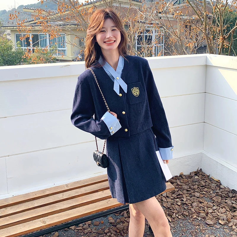 藏青色学院风jk制服套装裙韩系减龄小个子穿搭百褶短裙两件套