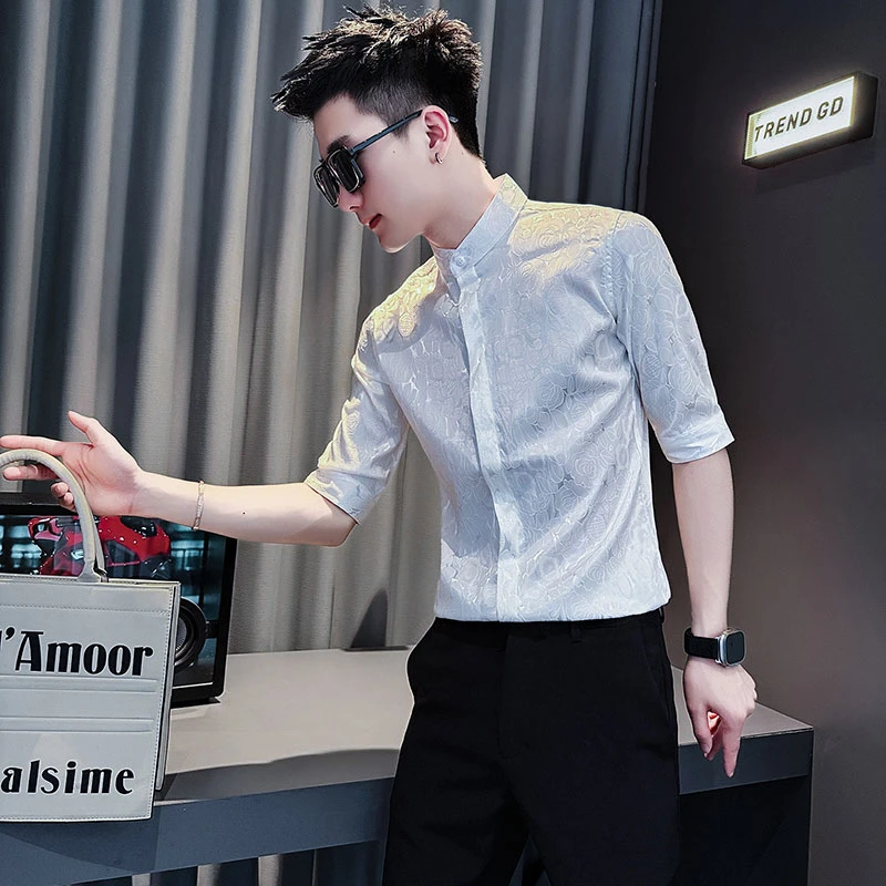 白衬衫男士短袖夏季薄款2025新款高级感提花痞帅男装衣服立领衬衣
