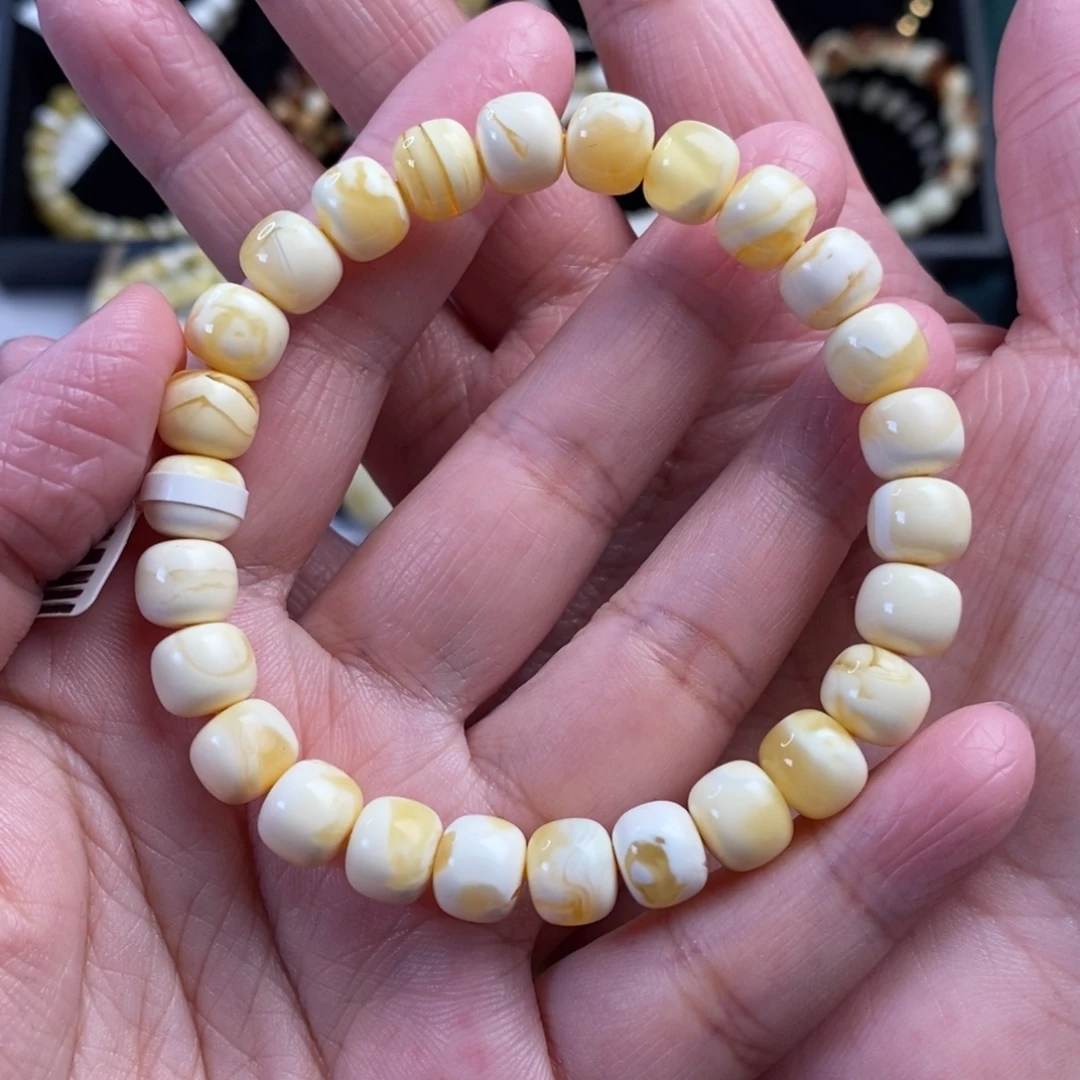 裸石蜜蜡未镶嵌金瓷白老型手串8.7
