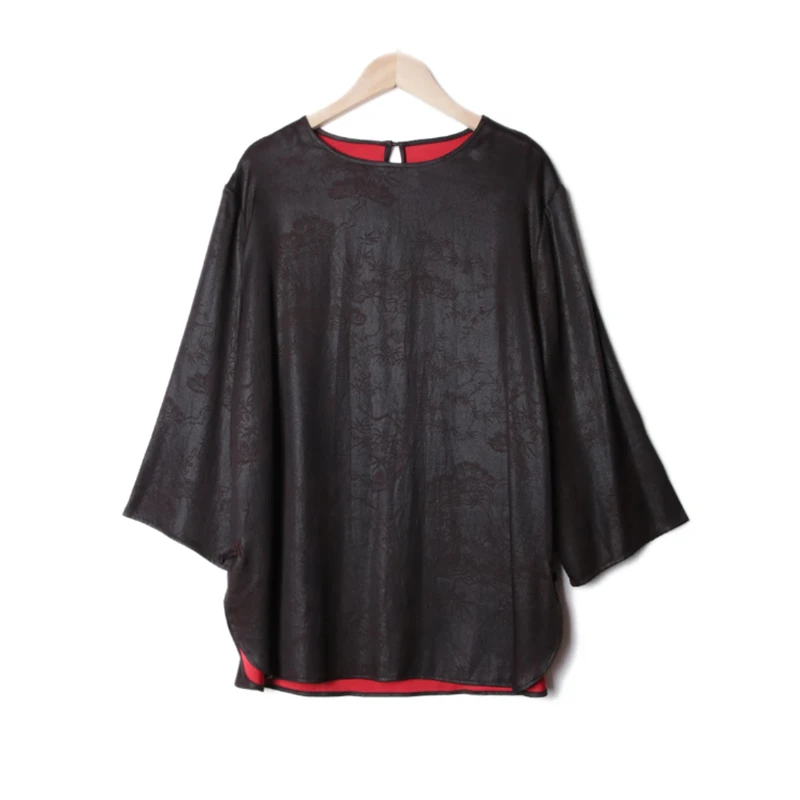 【莲遇曦】30姆米重缎压花夏季黑色网红长袖上衣新中式国风女装圆领