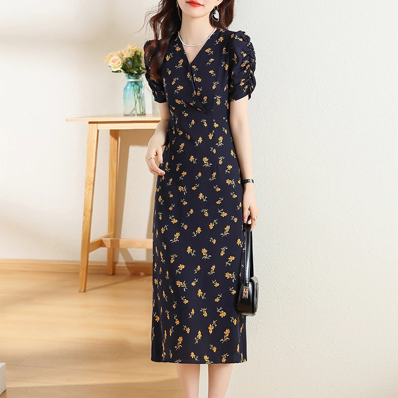 【新款夏季修身显瘦女中长款雪纺裙】碎花A字连衣裙优雅气质桔梗