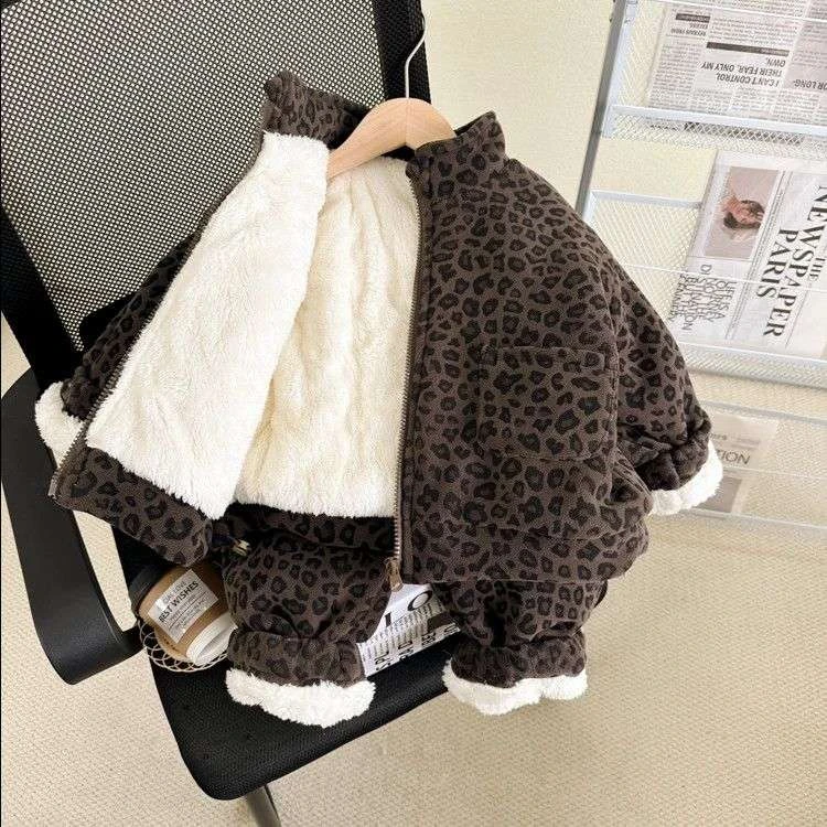 男女童冬季加绒套装洋气男女宝宝保暖加厚高领外套裤子棉服两件套