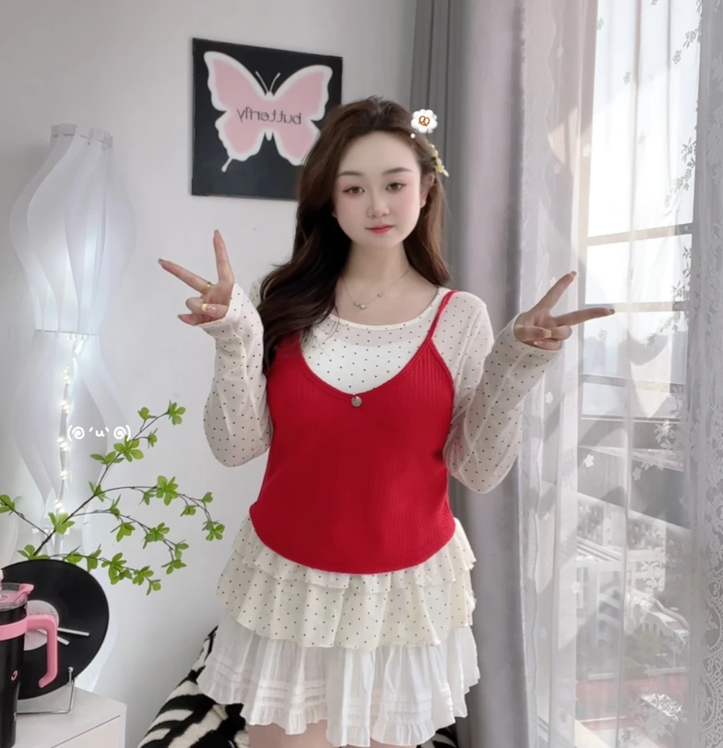 5036大码胖MM新款两件套波点长袖防晒网纱吊带背心减龄显瘦套装