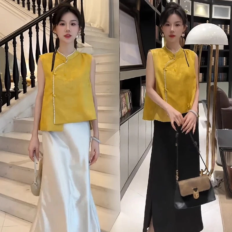 新中式套装女2025夏新款国风复古高级感简约马甲小衫半身裙两件套