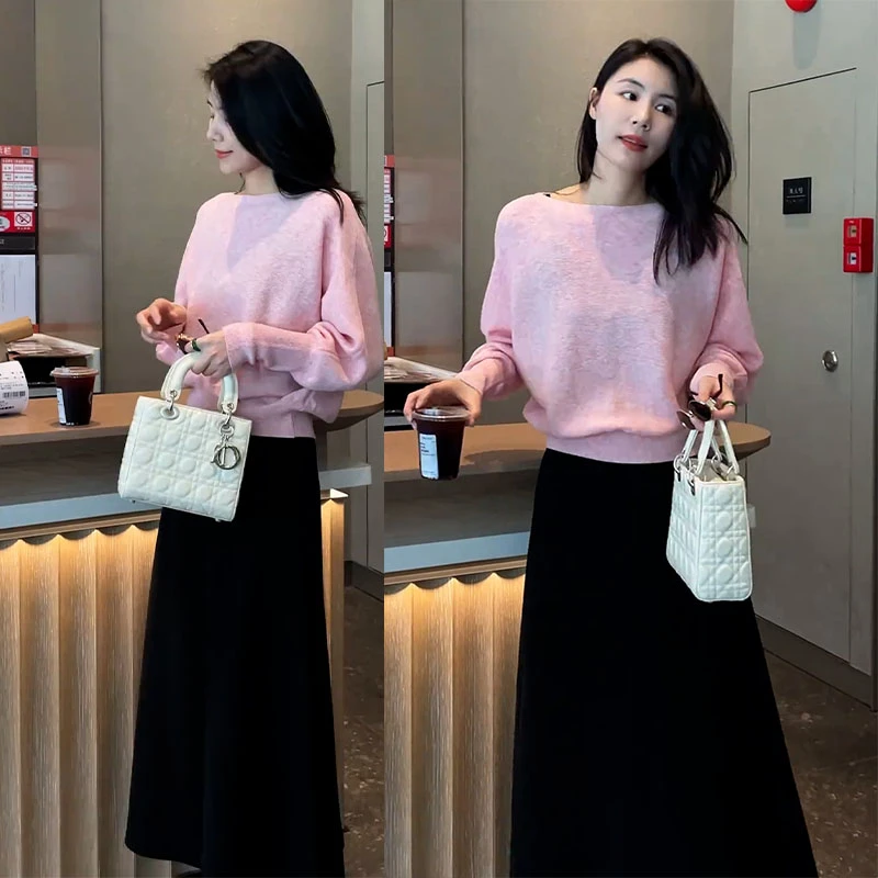 2025秋季新款设计感小香风长袖圆领上衣女搭配休闲半身裙两件套装