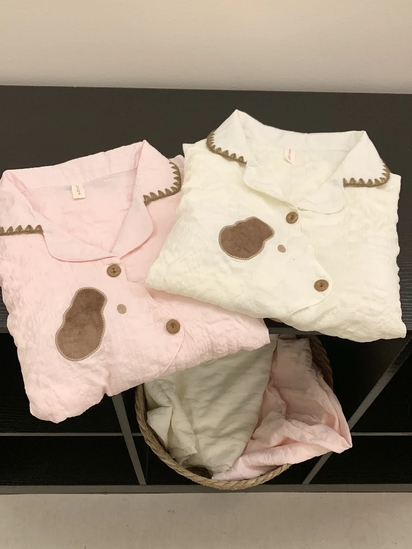 韩版ins小狗重工刺绣包边带胸垫睡衣女秋季家居服套装可外穿