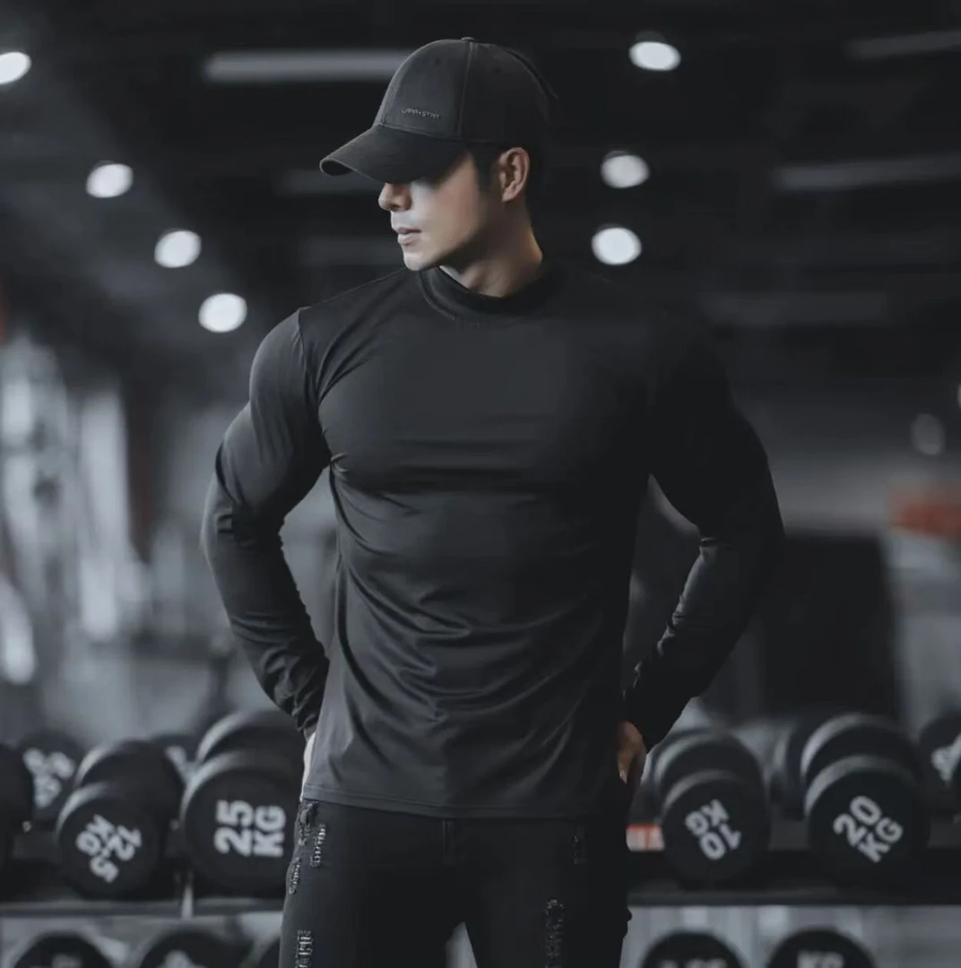 速干秋季户外v领纯色长袖健身衣修身吸汗高弹男士透气运动休闲