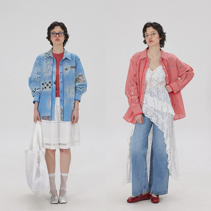 晶咕【幻想乌托邦】复古格纹亚麻棉混纺刺绣趣味印花衬衫JG11250052