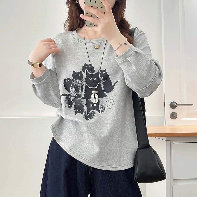 大码女装圆领印花套头春秋季长袖卫衣女胖mm韩版薄款休闲宽松上衣