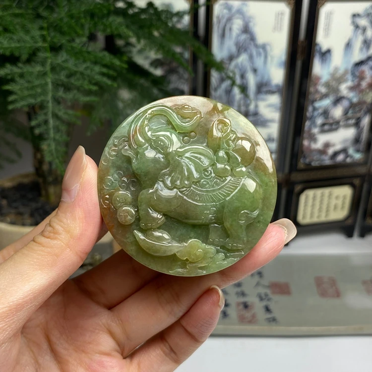 老料黄加绿满色洒金吉祥如意大象挂件 天然翡翠A货