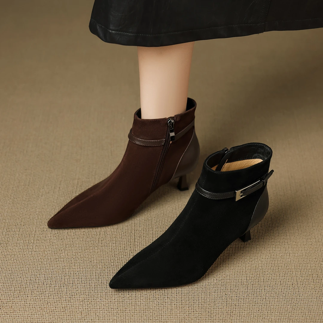 5cm羊皮秋冬百搭尖头短靴细跟复古皮带扣瘦瘦靴真皮时尚高跟单靴