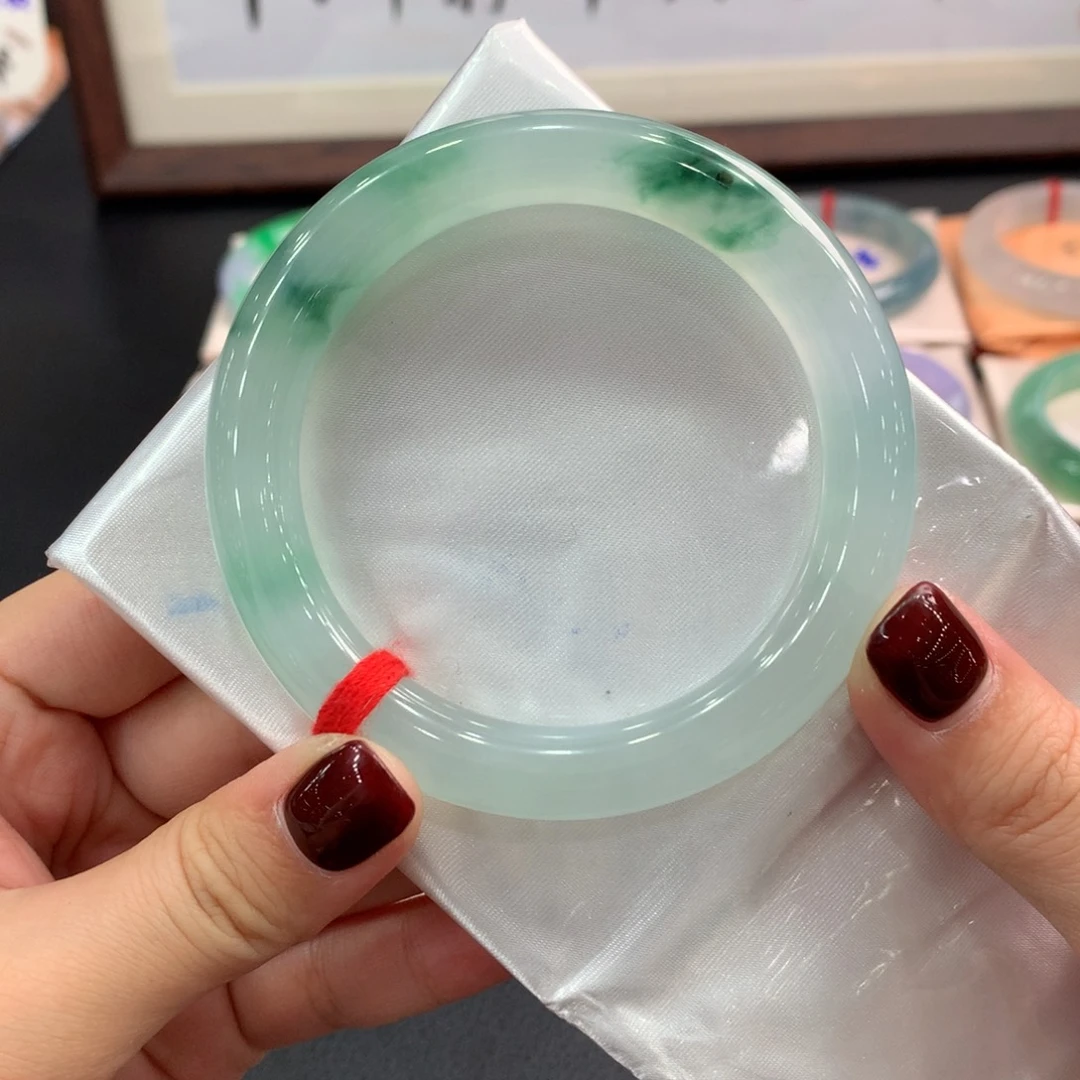 翡翠未镶嵌手镯16号 56.7圆条 冰飘绿花