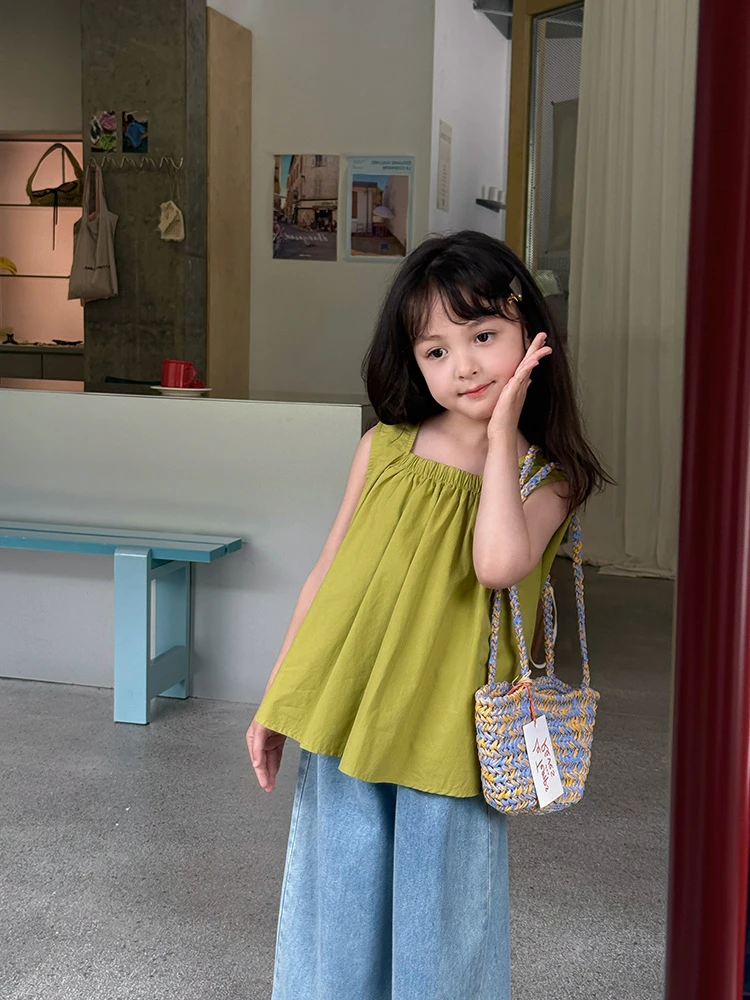 【现货】女童气质小方领度假风清爽纯色无袖背心娃娃衫 25D051