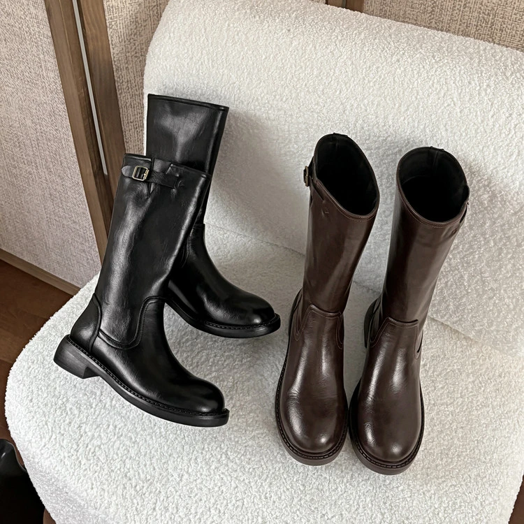 牛皮~3.5cm秋冬新款厚底皮带扣烟筒靴英伦风骑士靴真皮时尚中筒靴