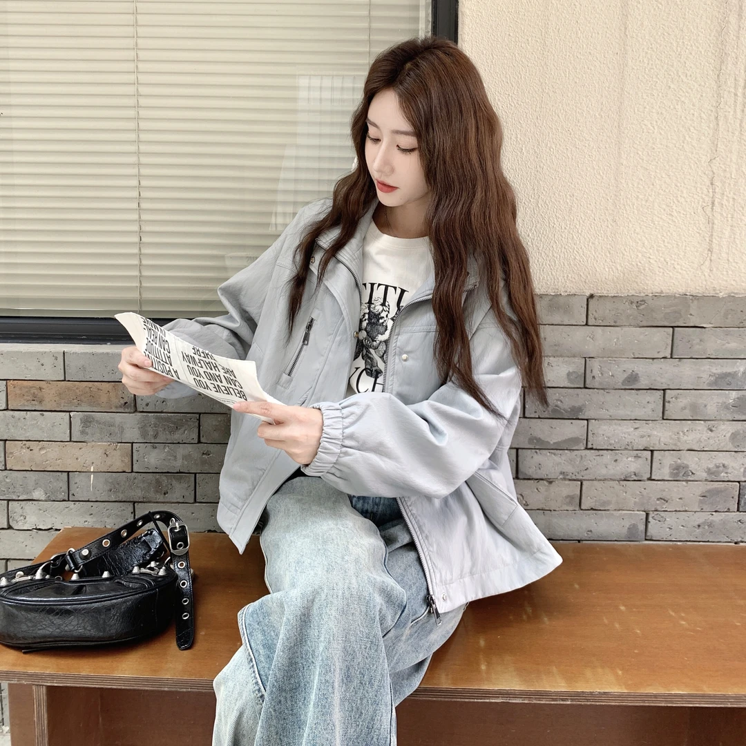 浅灰色工装皮衣短外套女2025春秋韩系通勤宽松休闲小个子夹克上衣