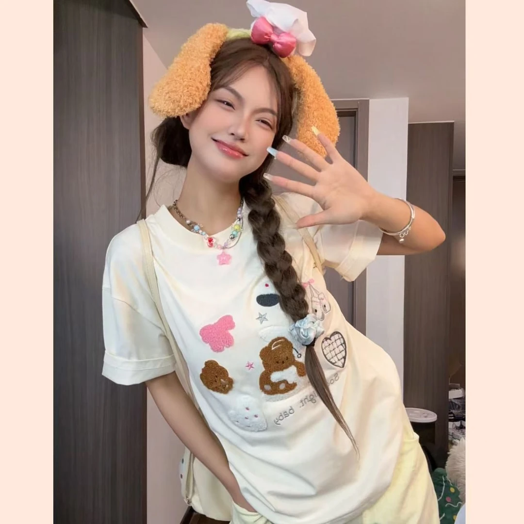 【现货+运费险】新款刺绣晚安小熊宽松短袖女可爱卡通百搭潮流t