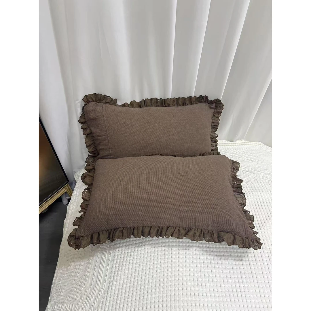 【皱皱花边】莫奈-深咖色纯棉枕套50*80cm两条装