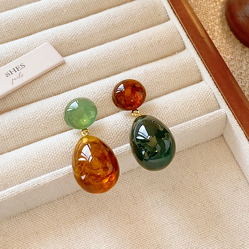 合金树脂耳饰 撞色几何圆形水滴耳环女气质耳钉独特耳坠2025新款