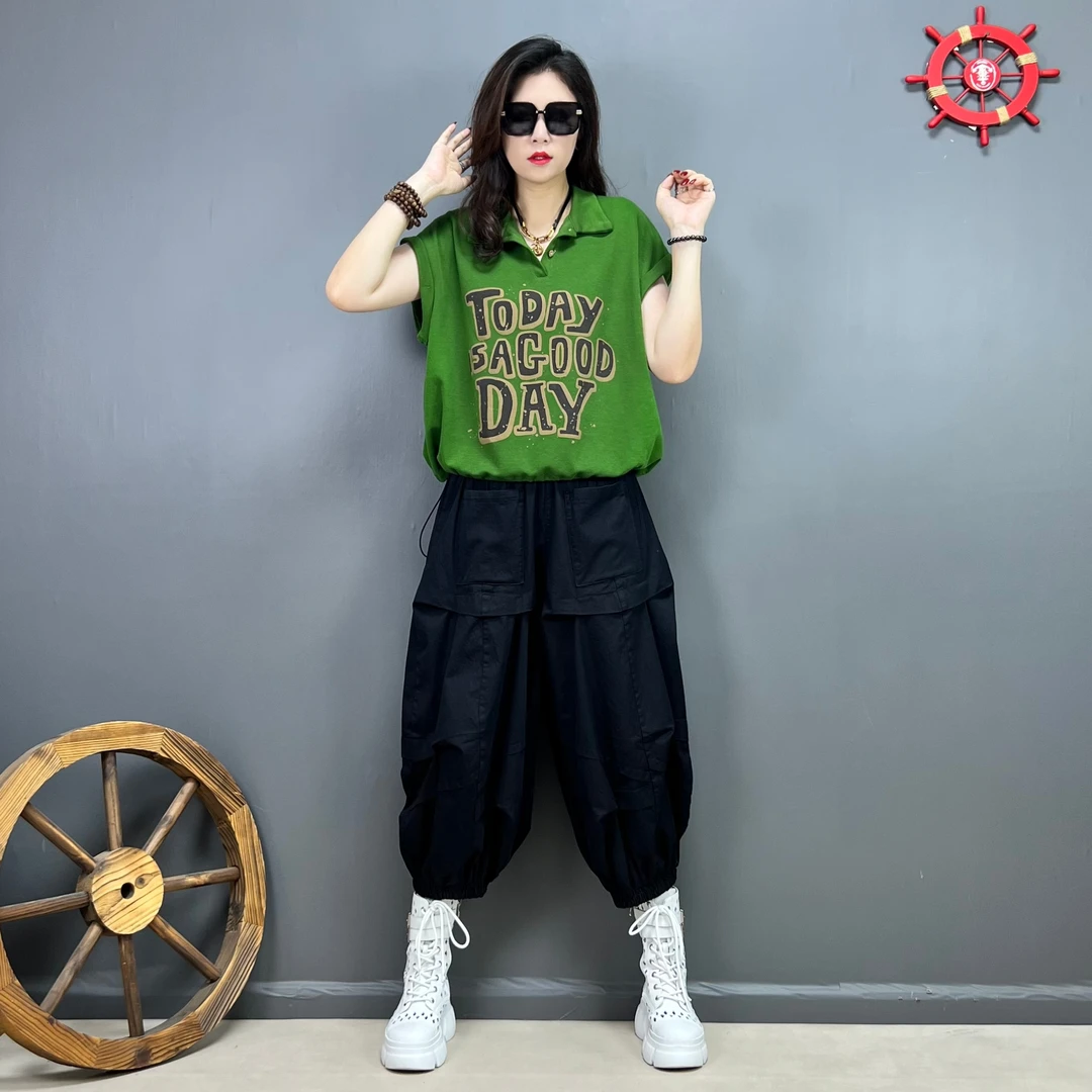 小翻领气质PoLo衫字母短袖下摆带抽绳、个性时尚阔腿灯笼裤八分裤