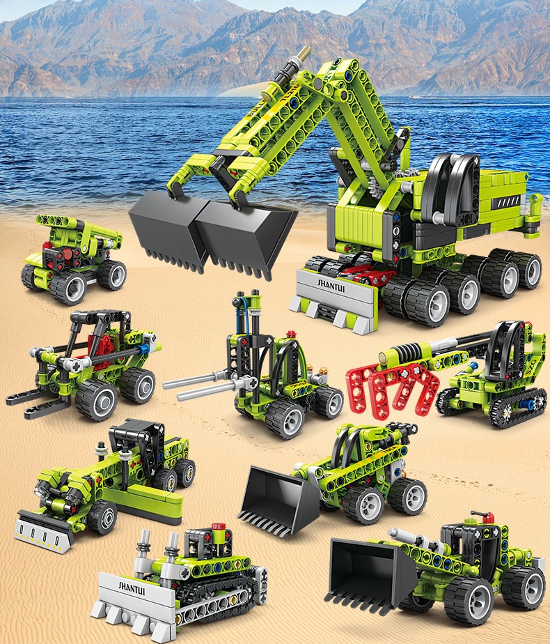 城市工程车玩具8合1挖掘机拼装组装积木铲车玩具套装男孩大型礼物