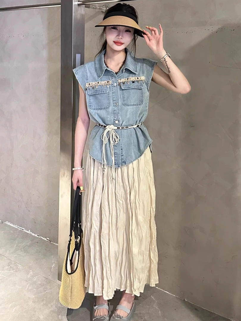 【8572】#牛仔马甲上衣+半身裙【套装】