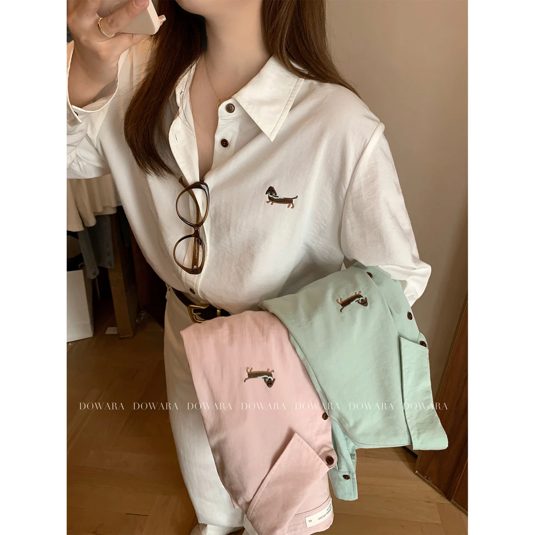 现货大婉酱微胖定制韩版设计感ins宽松型刺绣衬衫洋气polo衫7789D