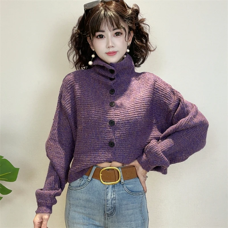 迪否高领排扣宽松毛衣秋冬新款慵懒风显瘦开衫上衣2296