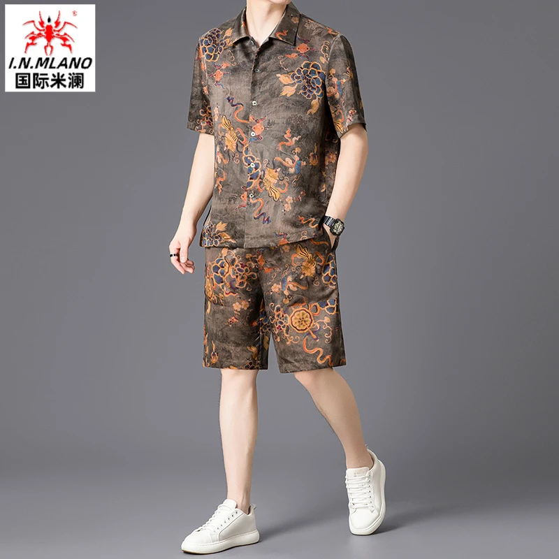 大牌香云纱短袖套装男夏季100%桑蚕丝翻领大码真丝衬衫中国风男装