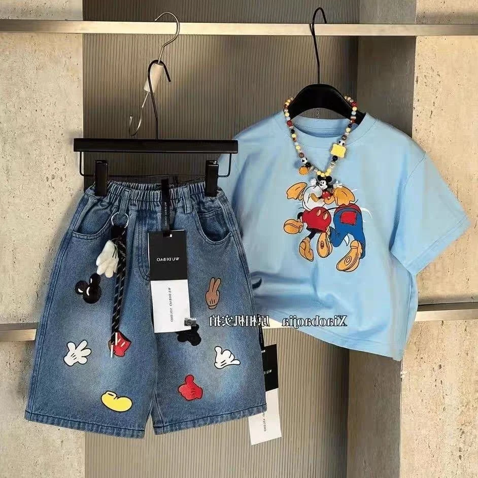 夏季儿童短袖短裤套装T恤卡通米奇印花短袖牛仔中裤两件套 XT