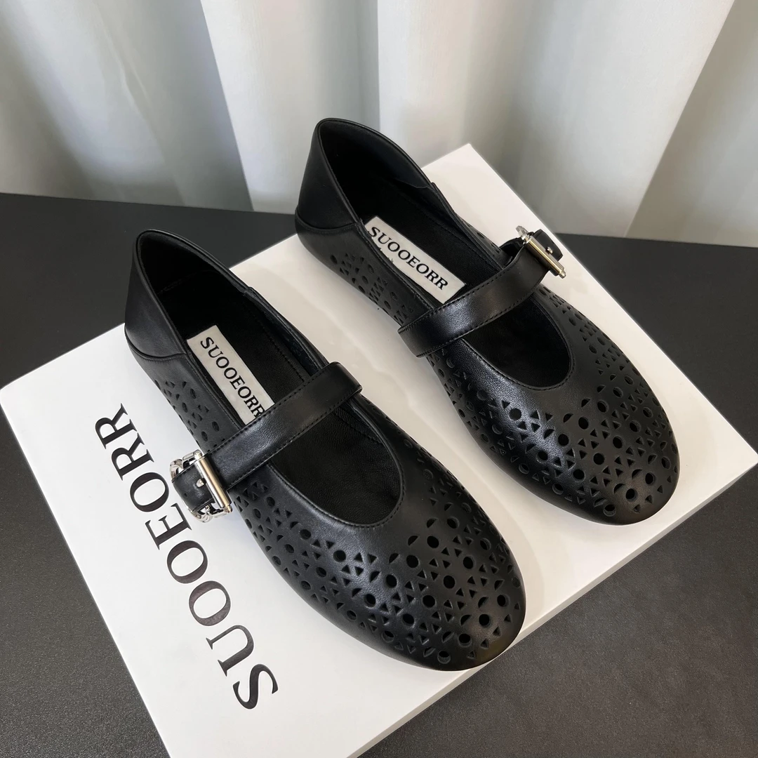 索尔/SUOOEORR欧货真皮女鞋镂空复古平底舒适芭蕾舞鞋玛丽珍单鞋