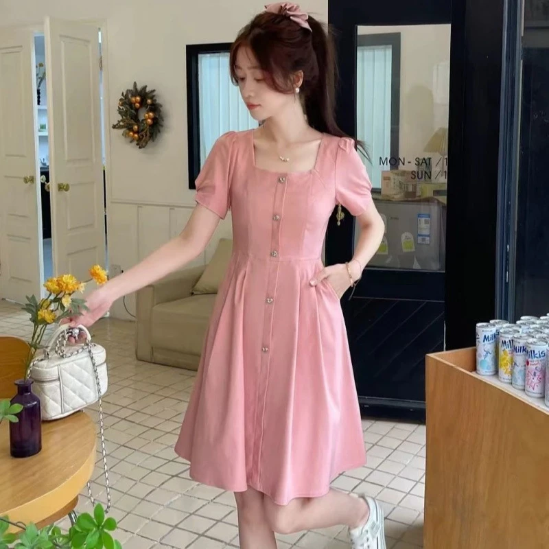 法式小个子连衣裙女中长款秋季新品修身气质收腰显瘦方口领连衣裙